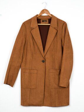 Renuard Faux Suede Long Blazer Jacket Large Camel Tan Shacket Casual